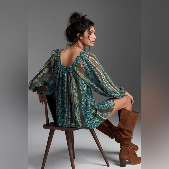 Anthropologie Blue Green Floral Sona Tunic Mini Dress Small - Picture 4 of 16